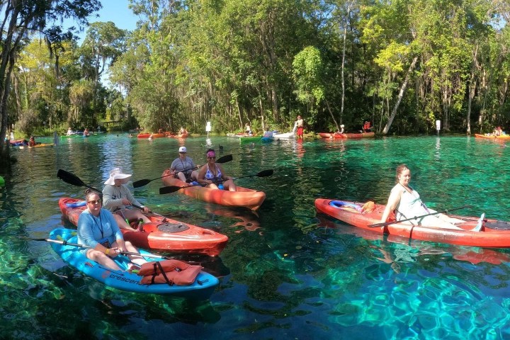 Kayaking with Paddles Outdoor Rentals on a guided ecotour of Three Sisters Springs in Crystal River, Florida.